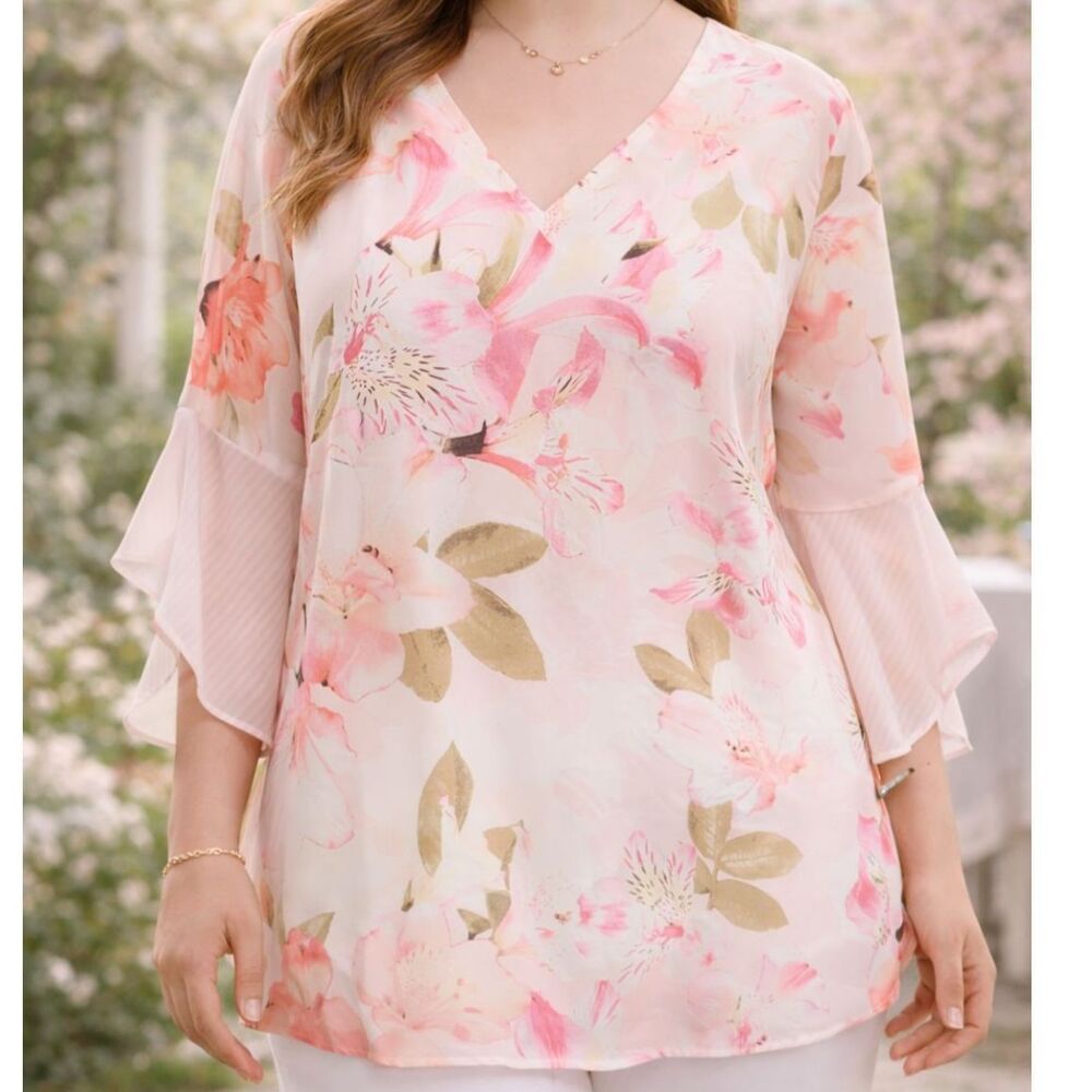 Calvin Klein Floral Ruffle-Sleeve V-Neck Blouse L Soft Girl Aesthetic White Pink